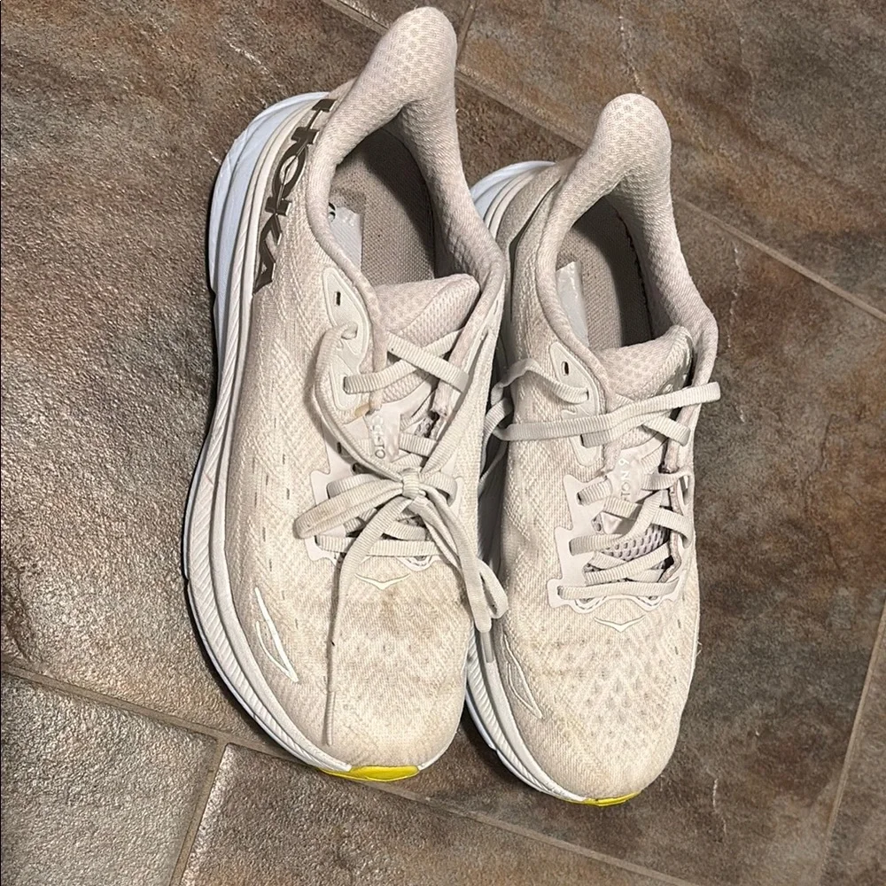 Hoka Women’s Athletic Running Shoes in Light Beige with Yellow Accents